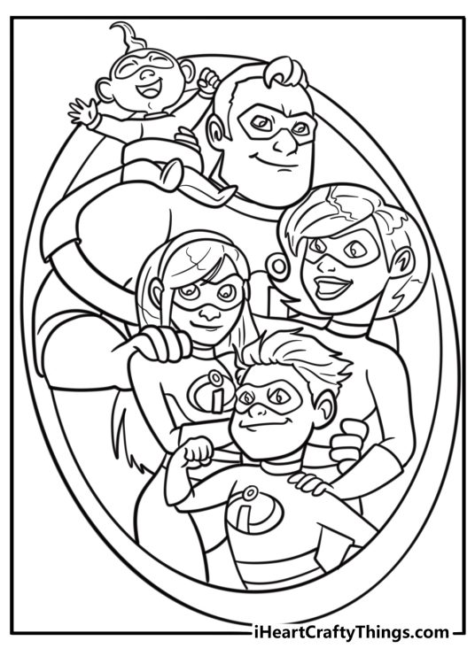 The incredibles family posing together detailed coloring sheet