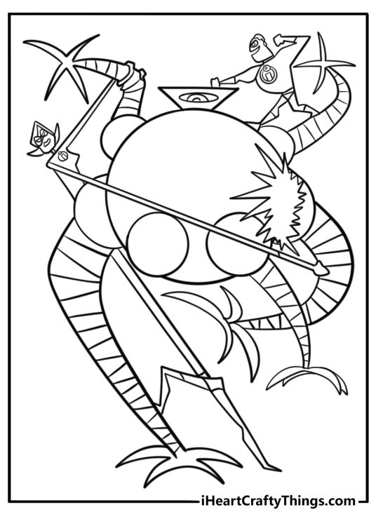 The incredibles fighting a robot detailed coloring sheet