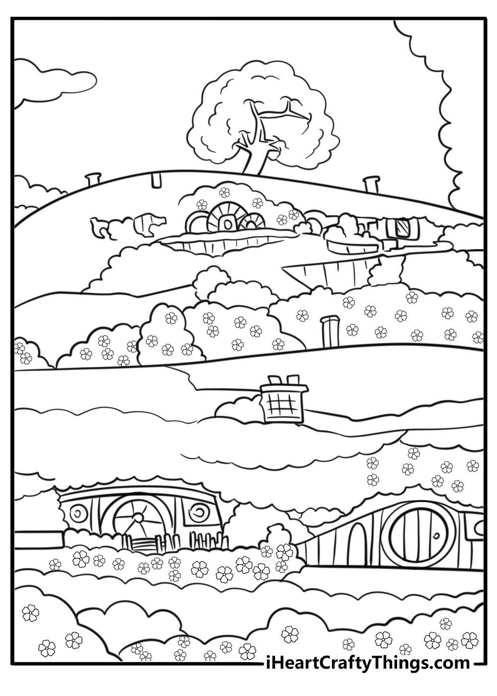 The Shire with rolling green hills free coloring page pdf