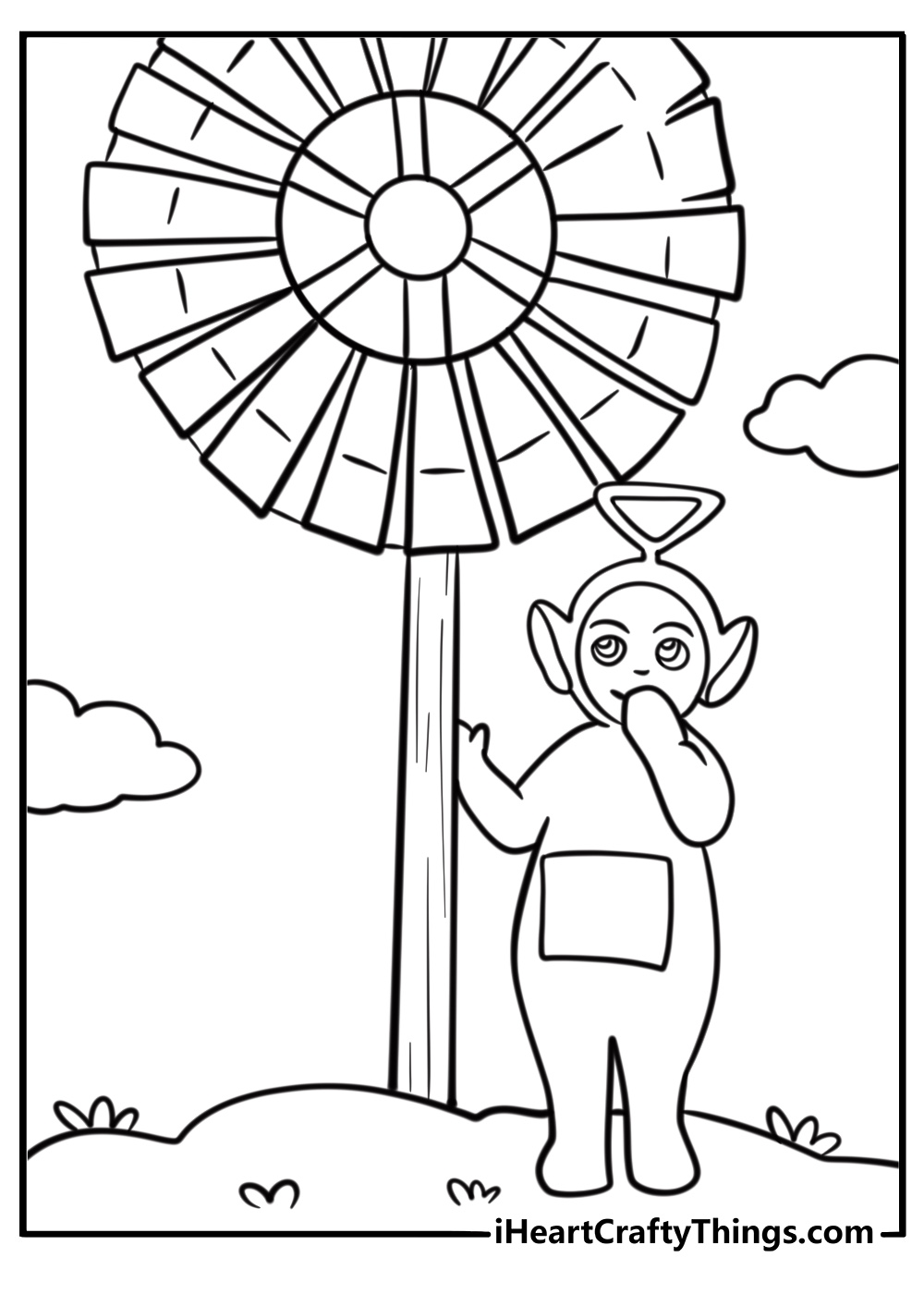 Tinky Winky holding a magical windmill detailed coloring sheet