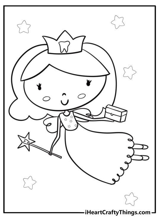 Tooth fairy carrying a tiny treasure chest free coloring page pdf