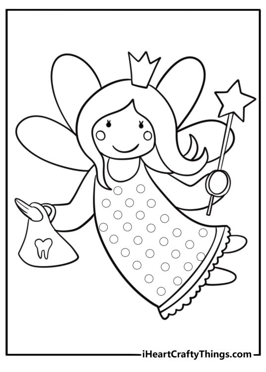 Tooth fairy collecting a tooth in a pouch free printable coloring page