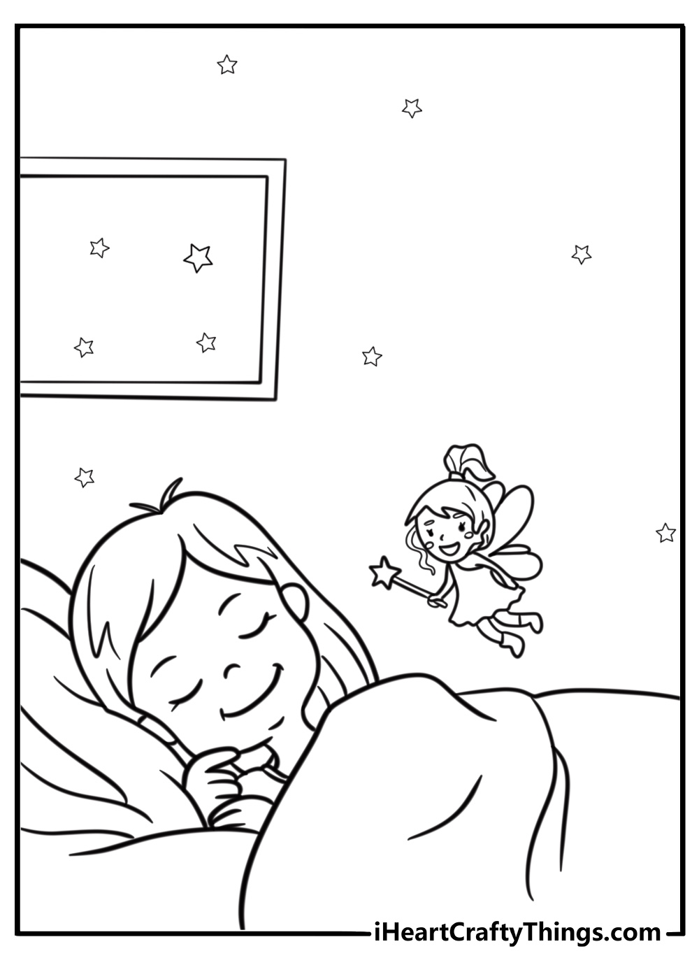 Tooth fairy flying over a sleeping child coloring page for kids