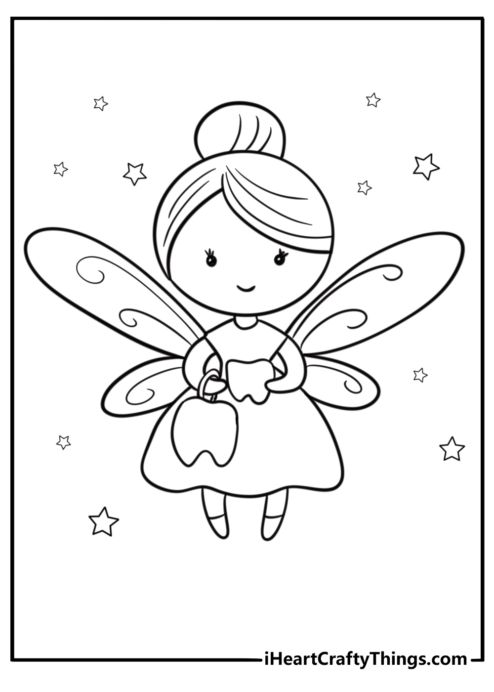 Tooth fairy flying with a tooth-shaped bag detailed coloring sheet