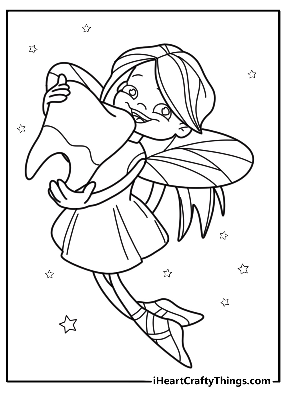 Tooth fairy holding a shiny tooth free coloring page pdf