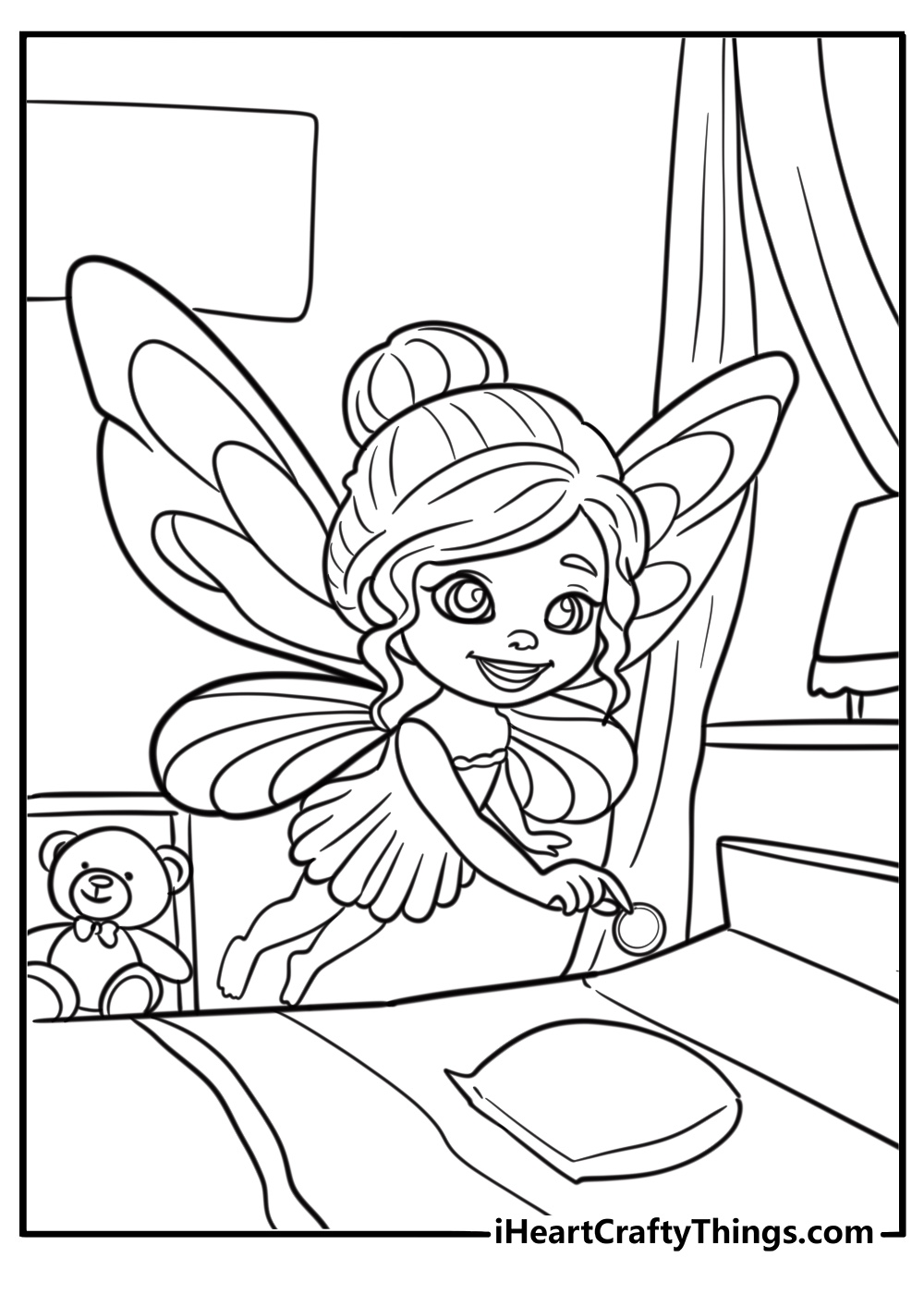 Tooth fairy leaving a coin beside a pillow coloring page