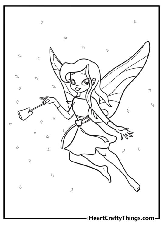 Tooth fairy with magic wand coloring page for kids
