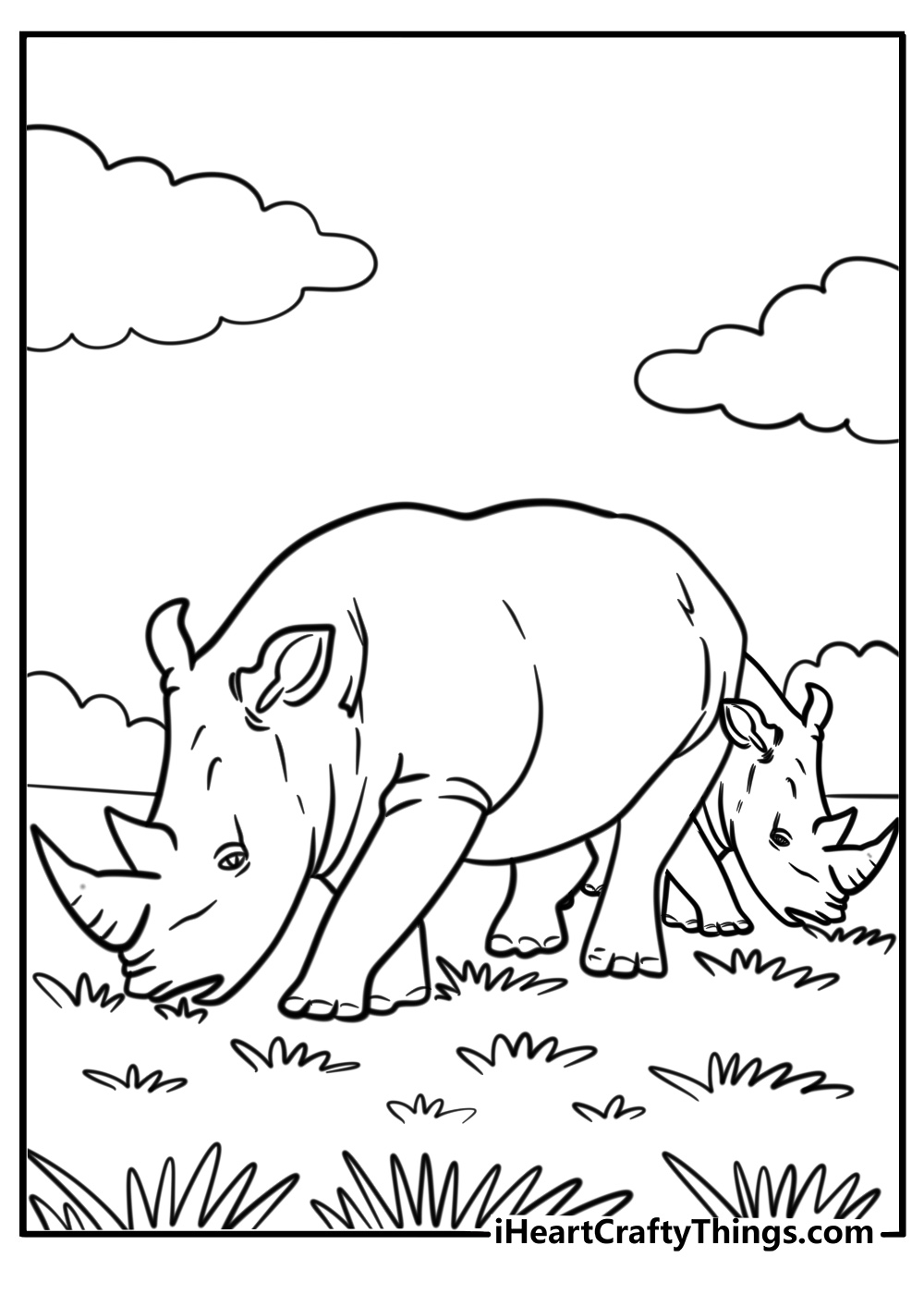 Two rhinos grazing in the wild detailed coloring sheet