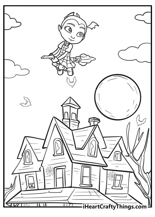 Vampirina flying over a haunted house fun printable coloring sheet