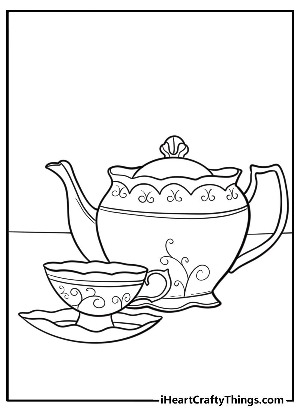 Victorian style teapot and teacup free coloring page pdf