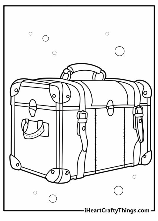 Vintage suitcase with travel stickers detailed coloring sheet