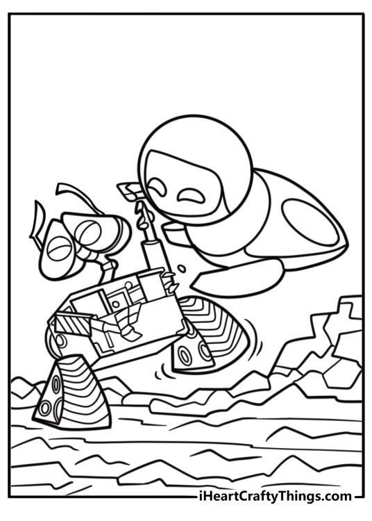 Wall e and eve dancing in space free printable coloring page