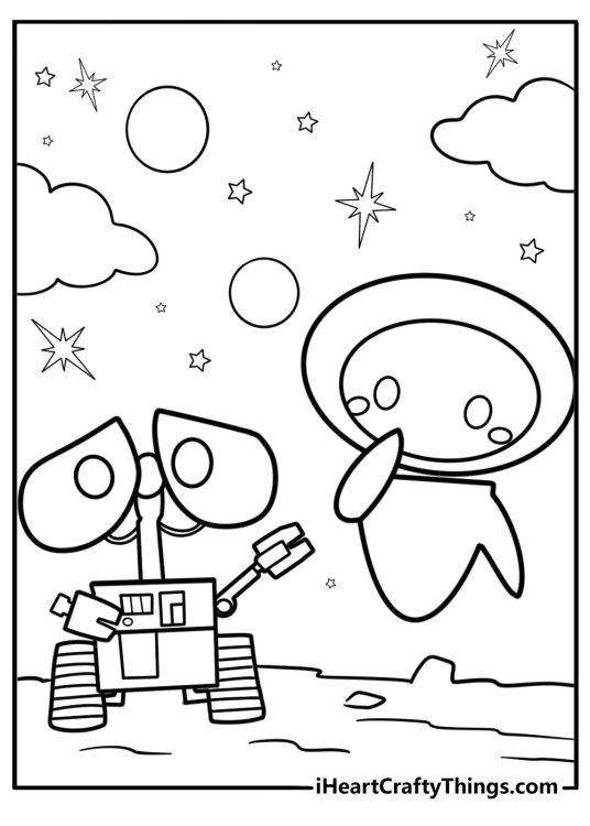 Wall e and eve together fun printable coloring sheet