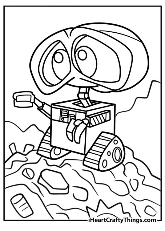 Wall e driving through a pile of junk fun coloring sheet