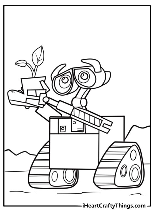 Wall e holding an old boot with a plant detailed coloring sheet