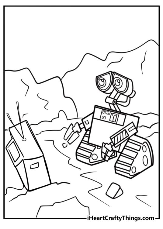 Wall e looking at an old TV screen detailed coloring sheet