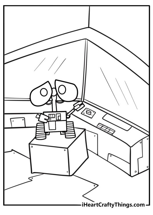Wall e pressing buttons on the axiom spaceship coloring page
