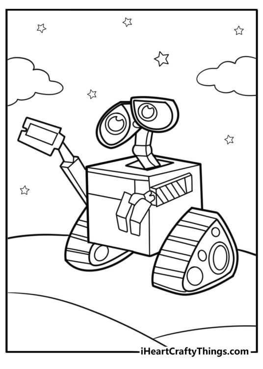 Wall e waving with his big robot eyes free printable coloring page