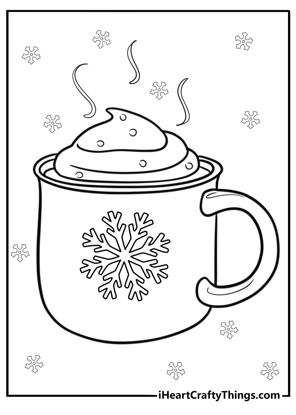 Winter-themed mug of hot cocoa with snowflakes detailed coloring sheet