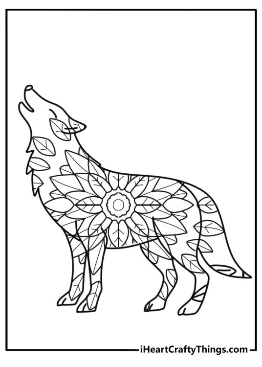 Wolf mandala with symmetrical designs free coloring page pdf