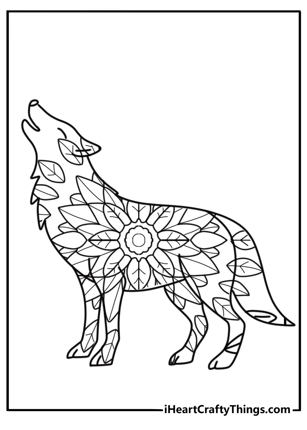 Wolf mandala with symmetrical designs free coloring page pdf