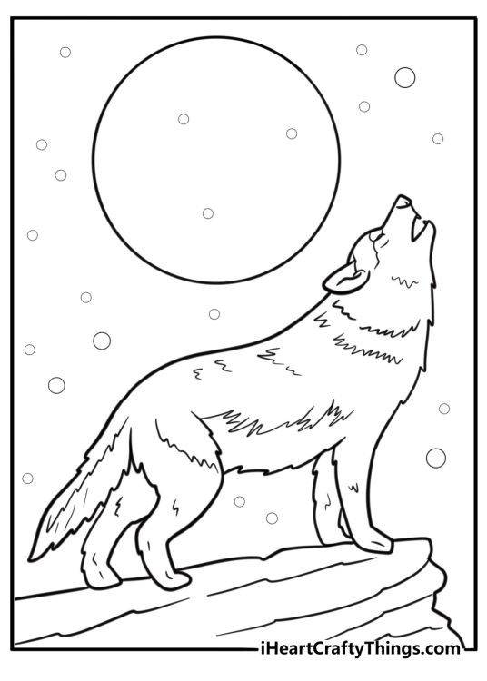 Wolf standing on a snowy hill howling at the sky coloring page