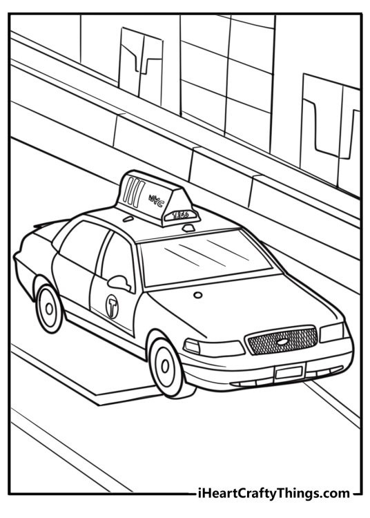 Yellow taxi cab driving through New York streets coloring page