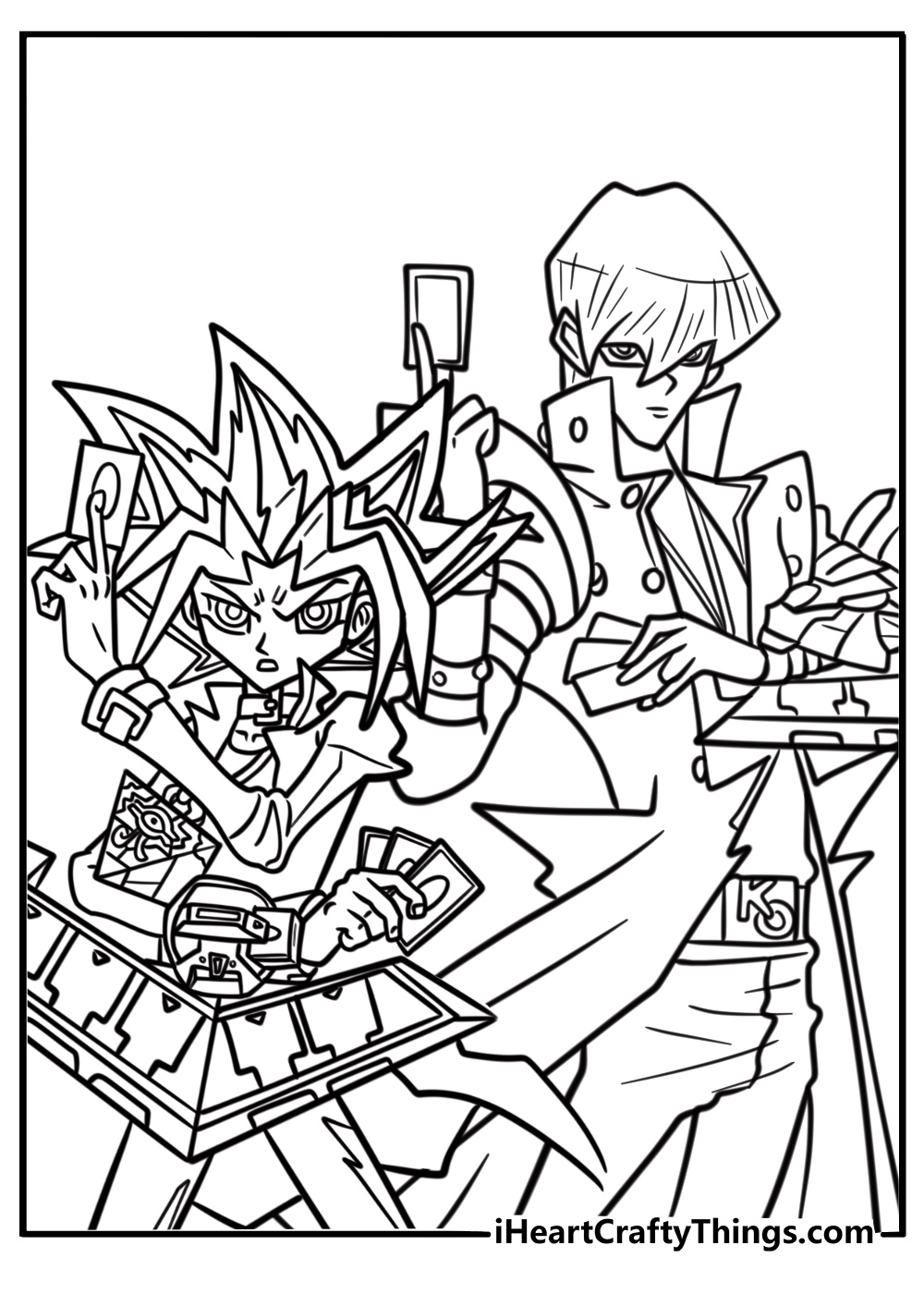 Yugi and Kaiba dueling with cards coloring page