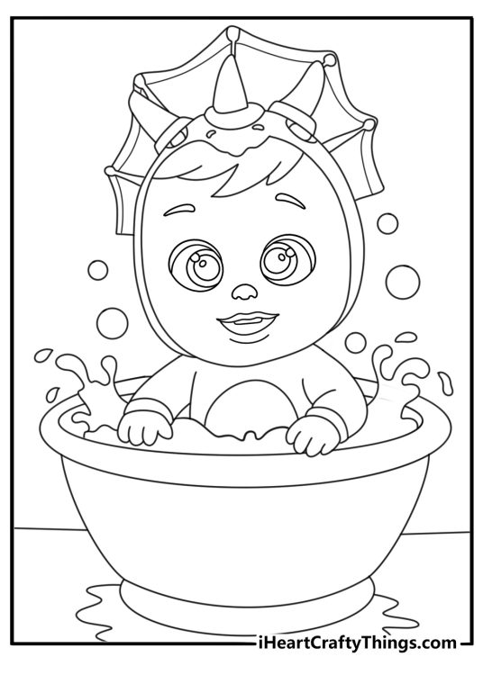 A Cry Babies character splashes in a small bath in this fun coloring sheet