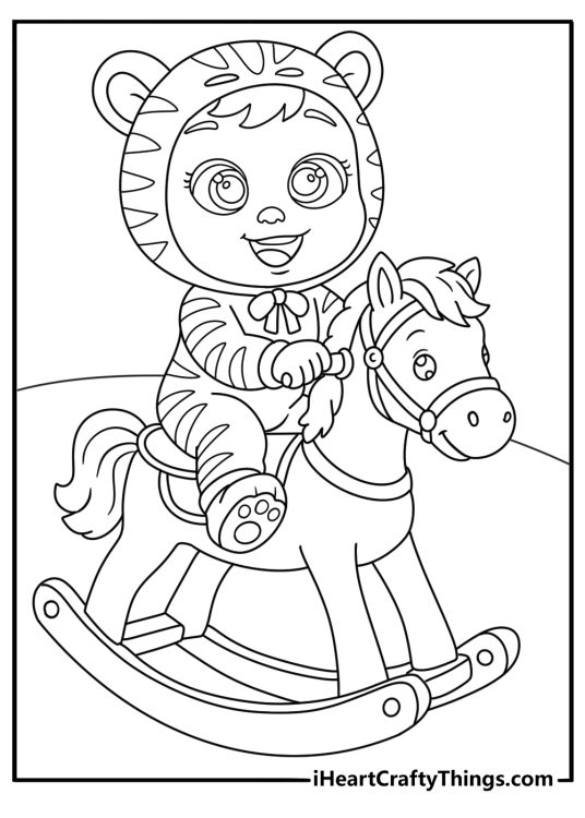 A baby in a tiger hood rides a rocking horse in this easy coloring page