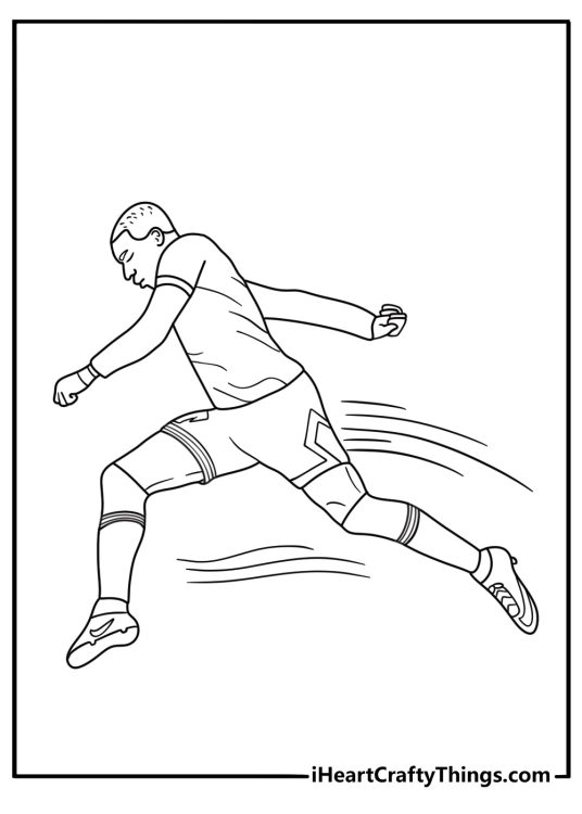 A detailed football coloring page features speed lines behind a soccer player