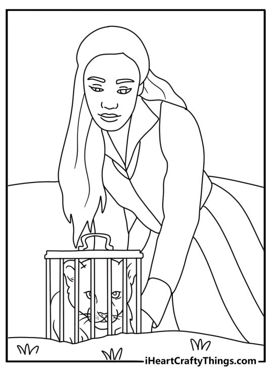 A lion cub rests inside a cage beside Elphaba in this detailed coloring sheet