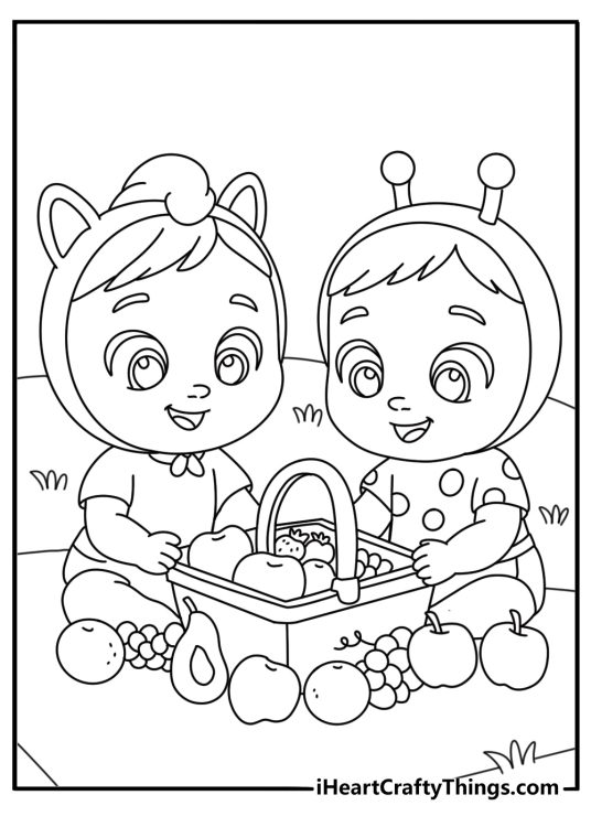 A picnic basket and fruit surround two babies in this simple printable