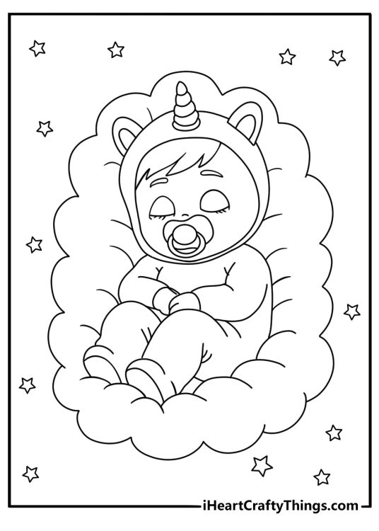 A simple coloring page shows a baby sleeping inside a cloud shaped bed