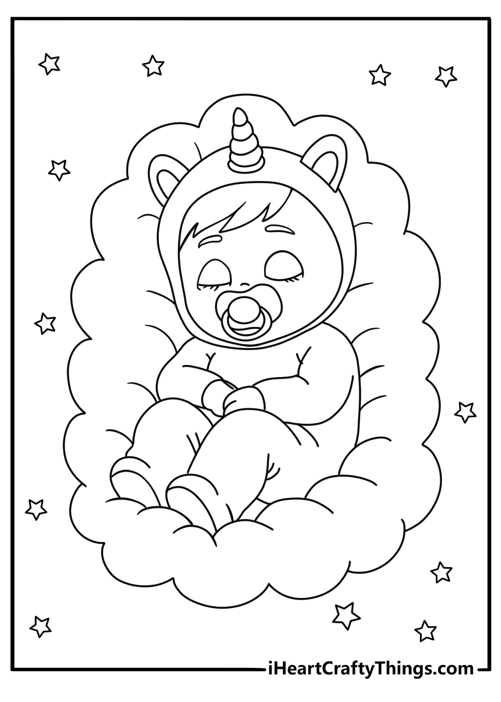 A simple coloring page shows a baby sleeping inside a cloud shaped bed