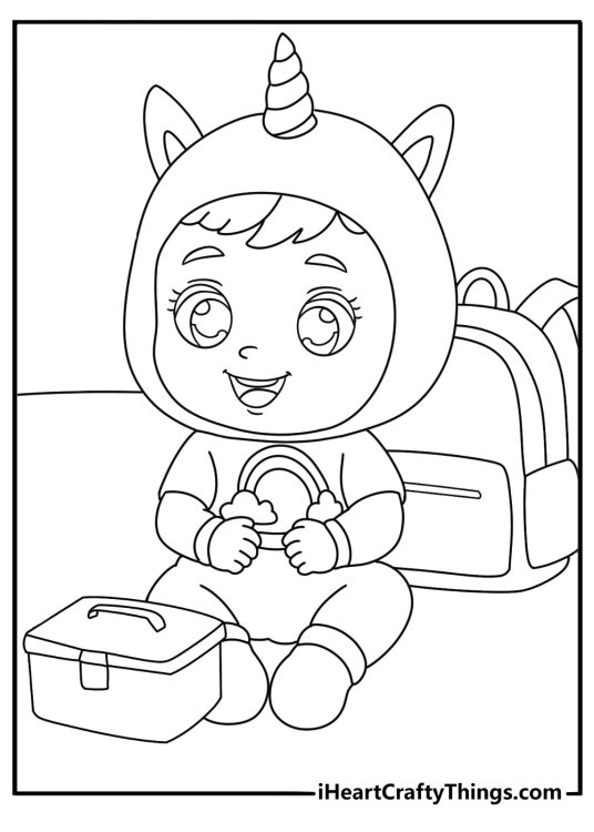 A tiny backpack and lunch box sit beside a character in this cute coloring sheet