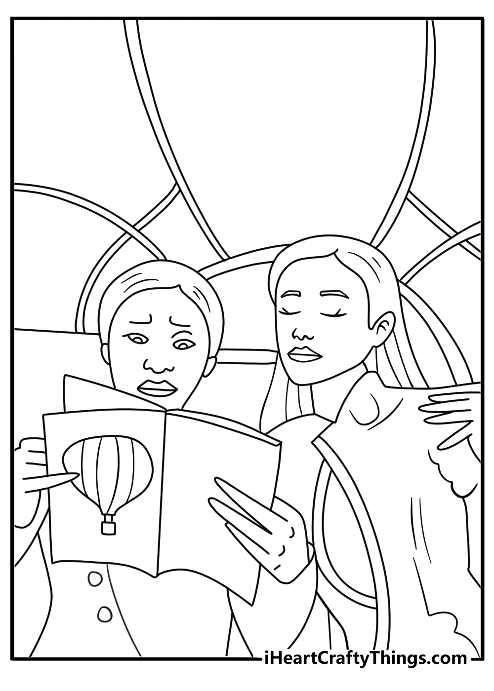 A train carries Glinda and Elphaba toward Emerald City in this printable sheet