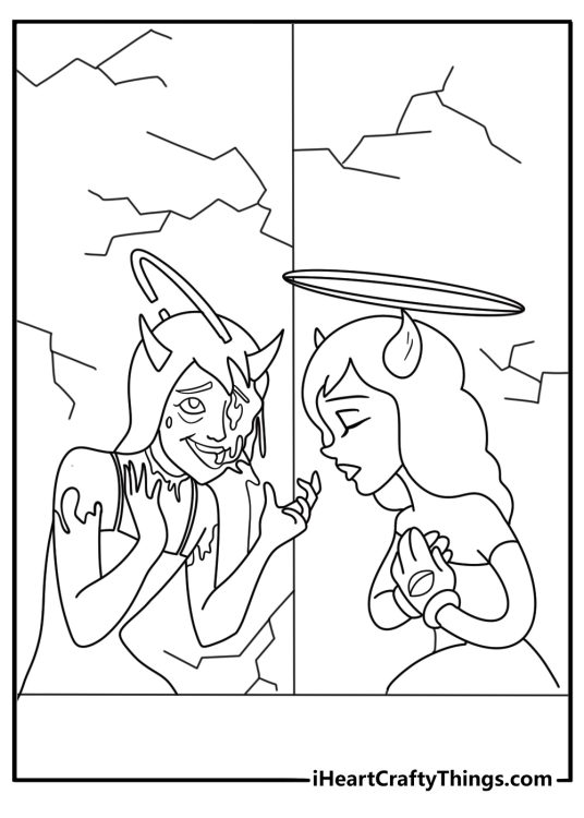 Alice Angel looking into a cracked mirror detailed coloring page for adults
