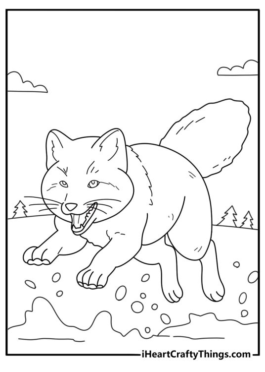 Arctic fox hunting for lemmings in snow detailed coloring page