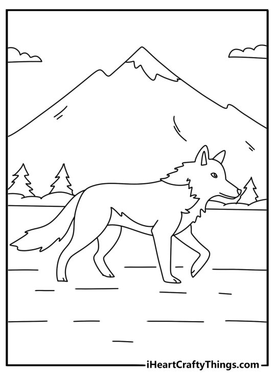 Arctic wolf walking across frozen river printable coloring page