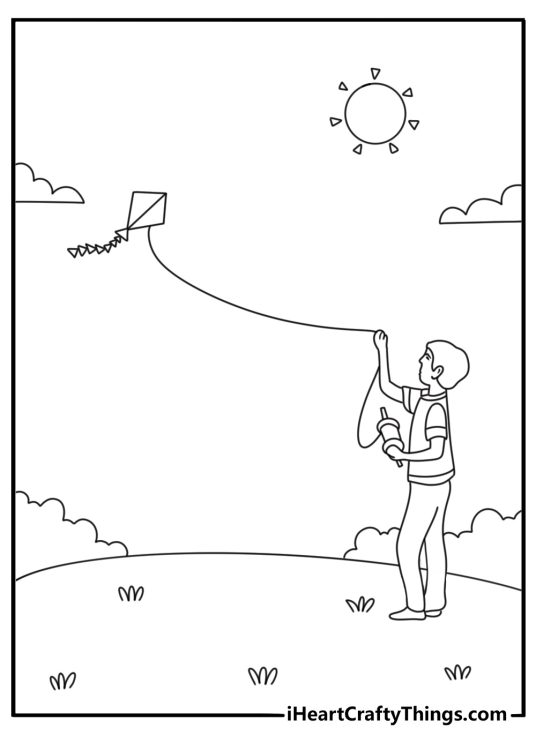 August coloring page for kids with a kite flying over a late summer field