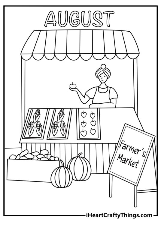 August coloring page with a farmers market table full of peaches and corn