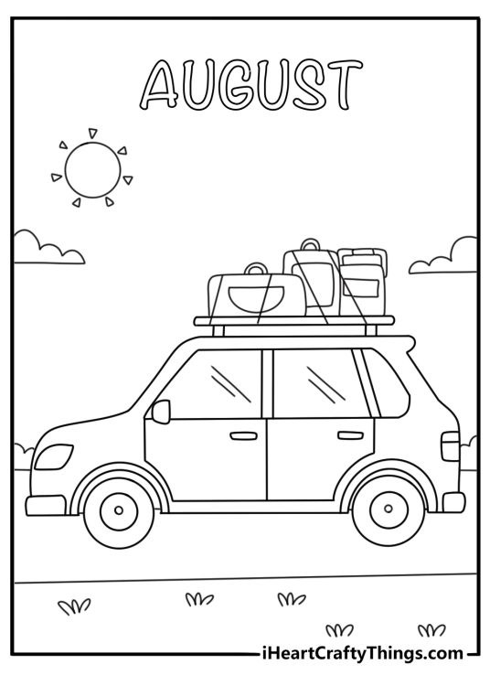 August coloring pages scene with a road trip car packed with suitcases