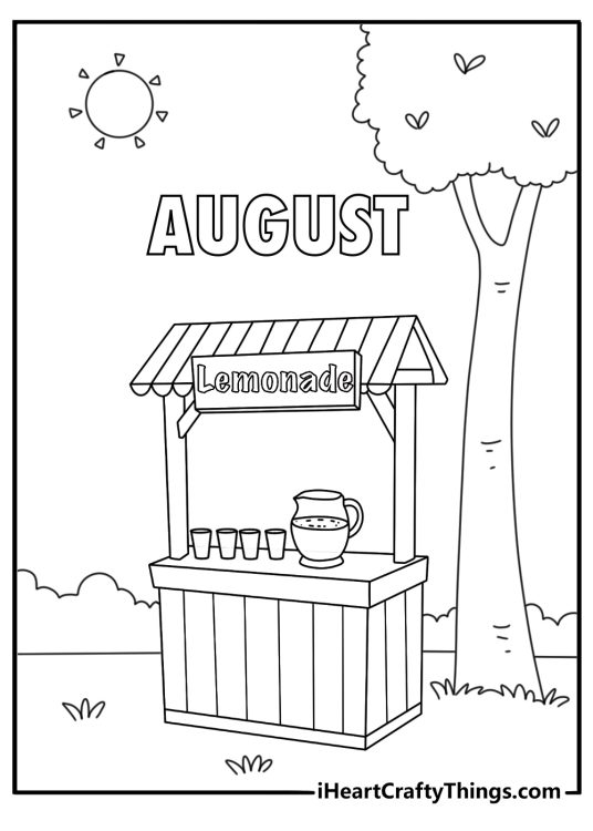 August coloring sheet with a lemonade stand under a shade tree