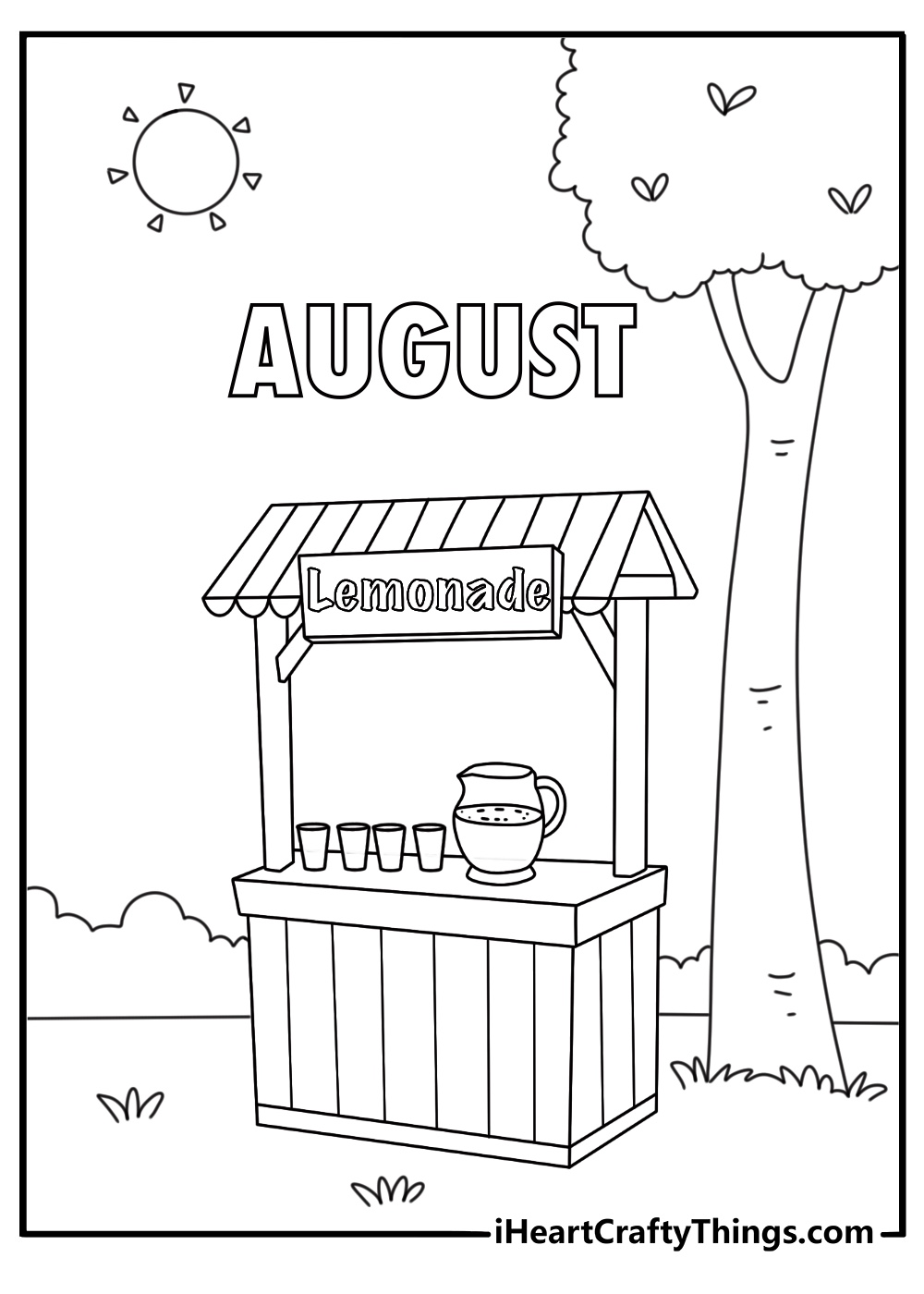 August coloring sheet with a lemonade stand under a shade tree