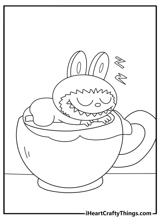 Baby Labubu sleeping inside a teacup cozy coloring page for kids