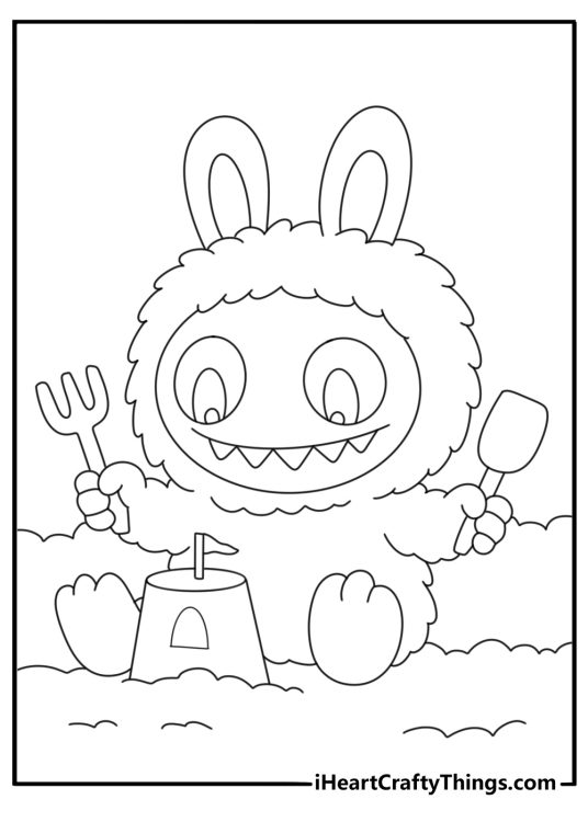 Beach day with Labubu building a sandcastle fun printable coloring page