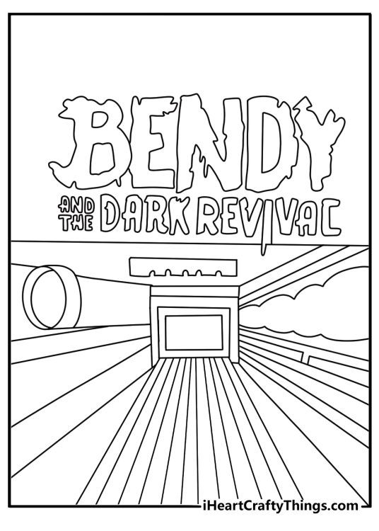Bendy and the dark revival coloring page with twisted corridor and pipes