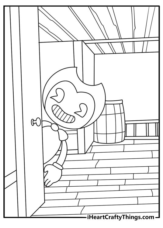 Bendy peeking from behind a wooden door scary coloring page printable