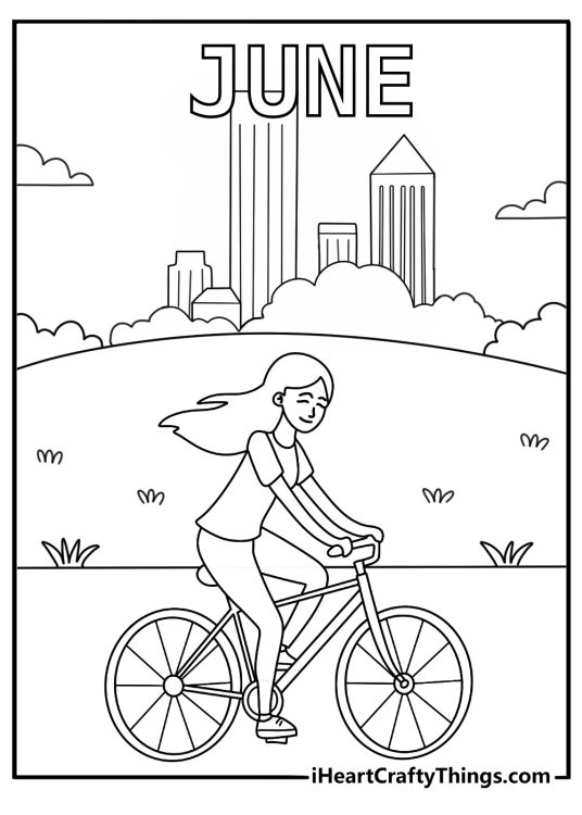 Bicycle ride through park June coloring sheet